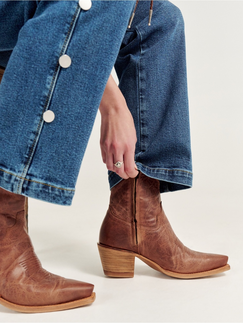 Women's Tevovas Brown Leather Western Booties - Classic Low Heel - Picture 4 of 9